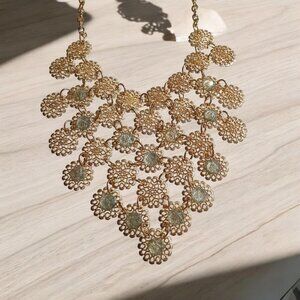 Charming Charlies Gold Tone Necklace Floral Design Green Acrylic Rhinestone